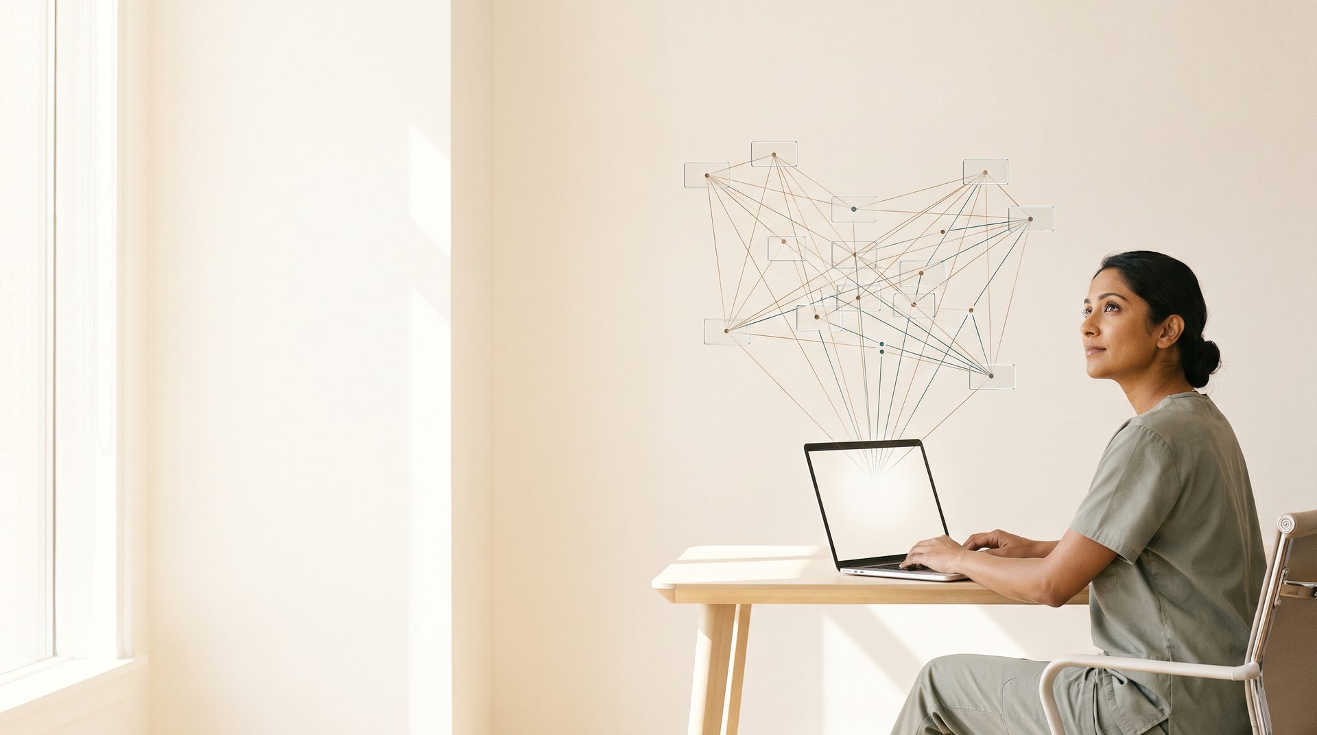 A clinician considering connections between research sources